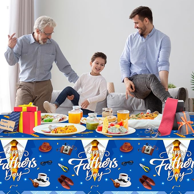 2 Pack Fathers Day Tablecloth - Happy Father's Day Table Cloth, Plastic Disposable Rectangle Blue Father Day Table Cover for Fathers Day Decorations Party Decor Supplies Favors,108 x 54 Inch