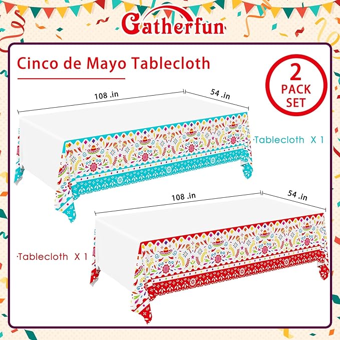 Gatherfun Fiesta Party Supplies & Cinco de Mayo Decorations - Ultimate 2-Pack Mexican Party Supplies with Vibrant Disposable Plastic Tablecloth, 54x108, Mexican Birthday, Taco Events