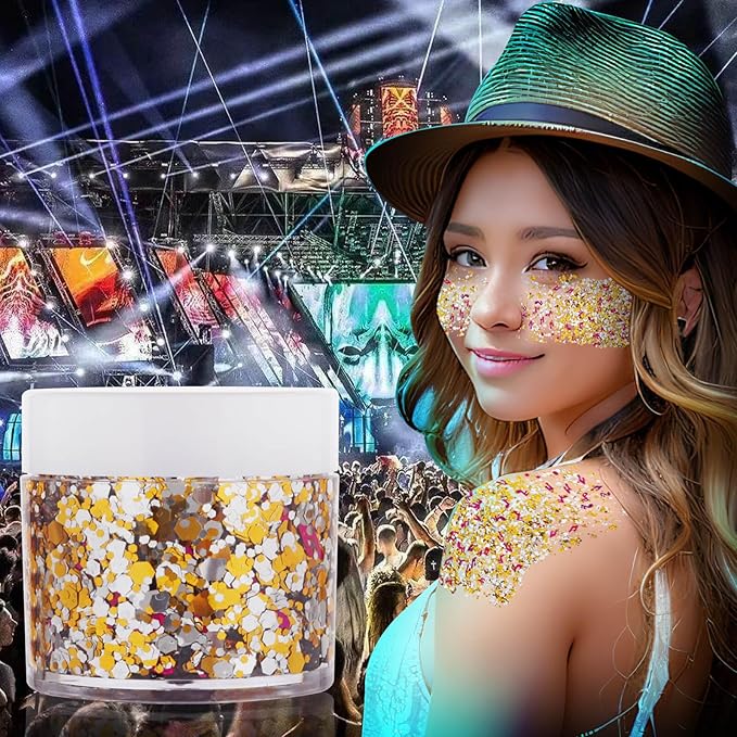 Gold Silver Glitter Gel,Holographic Chunky Singer Concert Body Glitter Rave Music Festival Accessories,Mardi Gras Sequins for Body Hair,Carnival Decorations Face Paint Makeup for Women Kids