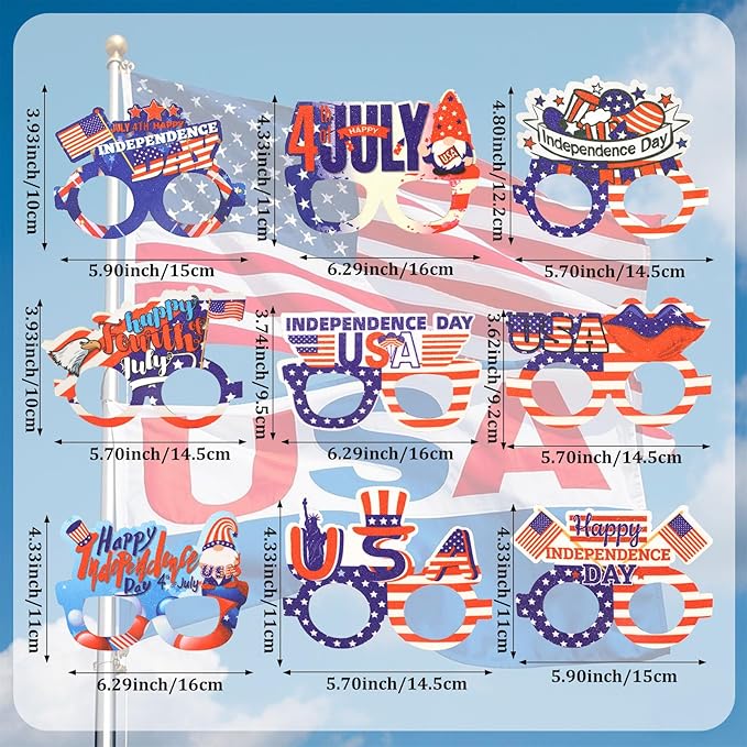 CURASA 9PCS American Flag Glasses 4th Of July Paper Glasses Patriotic Party Decorations Red White Blue Eyewear Memorial Day Sunglasses Independence Day Outfits Photo Booth Props Favor Gifts For Adults