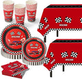 Childom 102 PCS Racing Car Tableware Sets,Race Car Birthday Party Supplies,Disposable Racing Tablecloths,Plates Cups Napkins,Cars Themed Tableware Set for Boys Birthday,Kids Parties,Racing Party Decor
