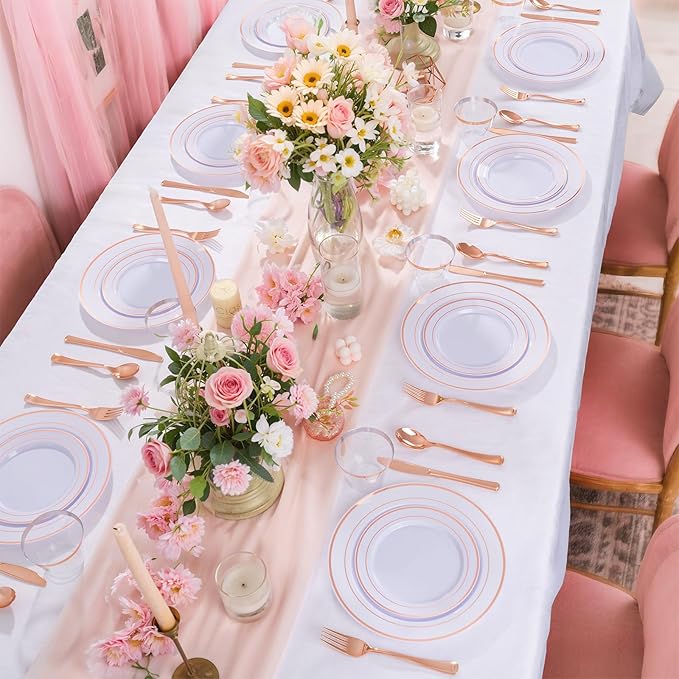 WELLIFE 150 PCS Rose Gold Disposable Dinnerware Set for 25 Guests, Valentine's Day Plate, 25 Dinner & Salad Plates, Cups, Forks Knives Spoons for Wedding Reception and Mothers Day Plates