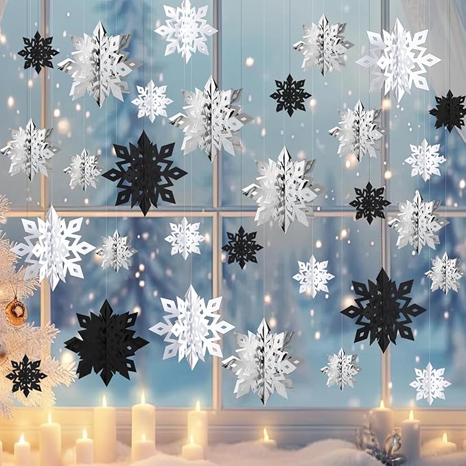 OuMuaMua Christmas Snowflake Decorations Indoor, 24PCS 3D Paper Snowflakes Hanging Ornaments Snowflake Garlands for Xmas Christmas Tree Winter Wonderland New Year Party Home Decorations