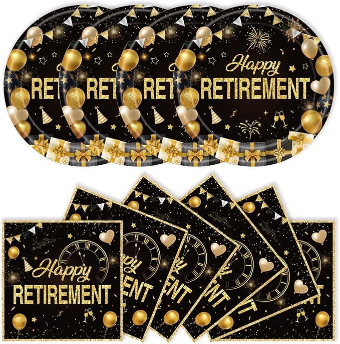 40Pcs Retirement Paper Plates and Napkins Party Supplies, Disposable Happy Retirement Decorations Party Plates Napkins Black Gold Tableware Set for Men Women