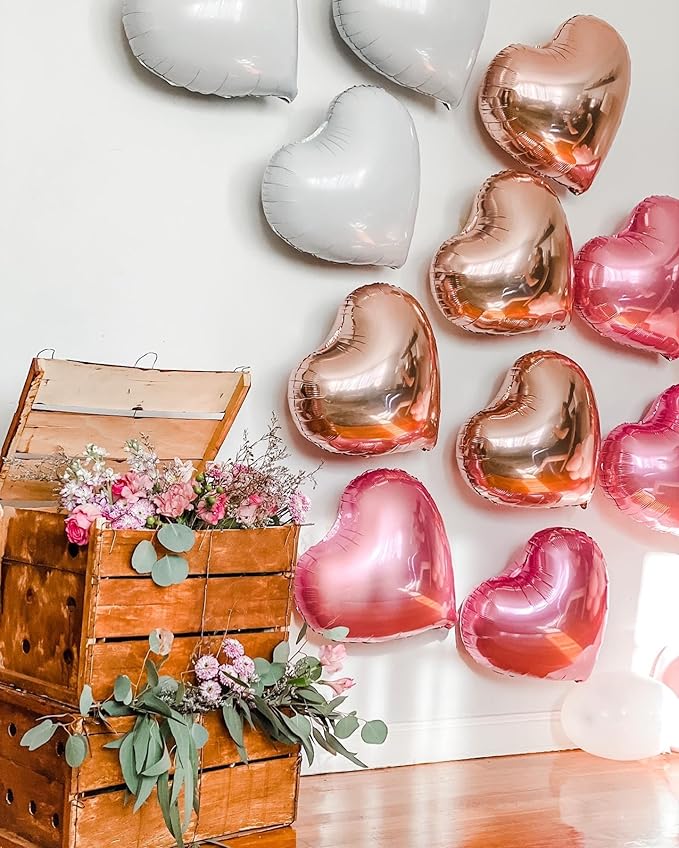 Rose Gold Heart Shaped balloons Pack of 12,18 Inch White Love Valentine Balloons Pink Heart Romantic Balloons For Valentines Day Propose Marriage Wedding Bridal Shower Engagement Party Decorations