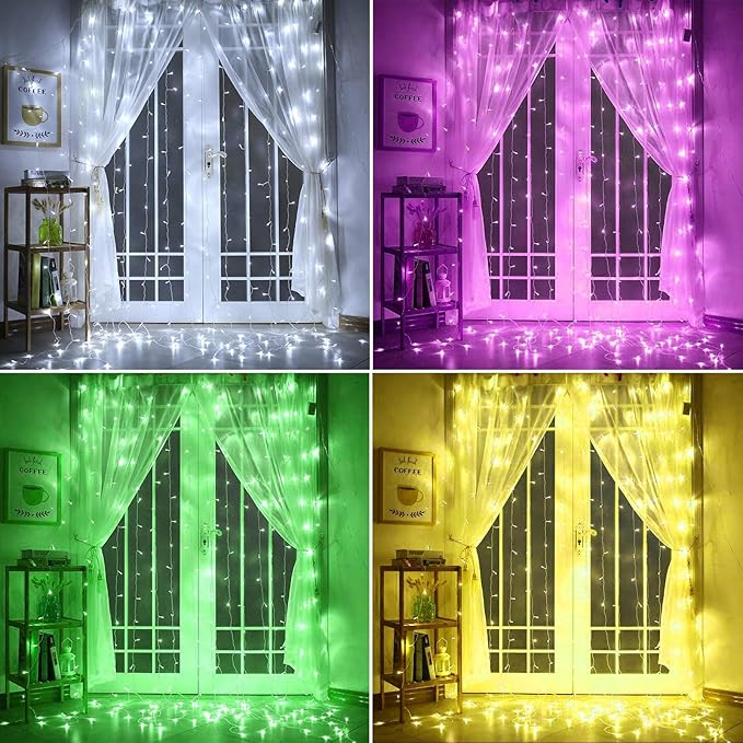 Twinkle Star 300 LED Window Curtain Lights, Christmas Rainbow RGB Color Changing 64 Functional Backdrop Light with Remote, Colorful Icicle String Light for Wedding, Party, Outdoor Indoor Decor