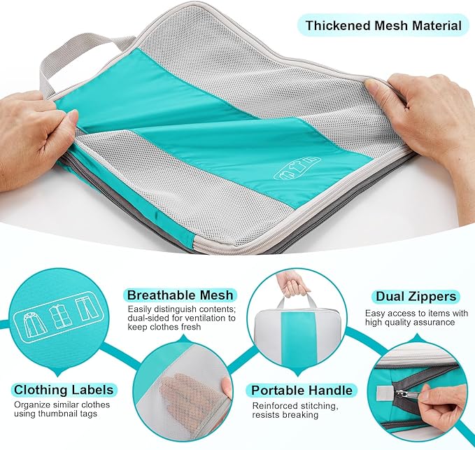 10 Set Compression Packing Cubes for Travel Essentials,Compressible Expandable Packing Cubes for Suitcase,OlarHike Luggage Organizer Bags for Travel,Handy Helper for Organizing Clothes(Blue Green)