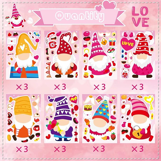 24 Sheets Valentine Stickers for Kids Make a face Sticker, Valentines Day Stickers Make Your Own Valentine Gnome Stickers Valentine' s Day Themed Party Favors Supplies