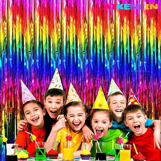 4 Pack 3.2Ft x 8.2Ft Rainbow Foil Fringe Curtain Backdrop, Metallic Tinsel Foil Fringe Streamers Curtains Background for Photo Booth, Birthday, Wedding, Disco, Bachelorette, Christmas Party Decoration