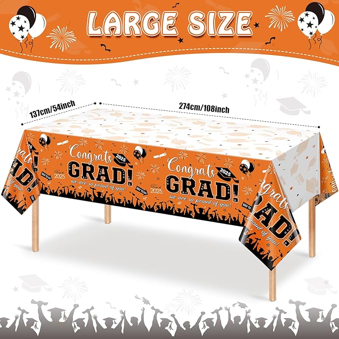12Pack Graduation Tablecloth Party Decorations, Class of 2026 Congrats Grad Plastic Tablecover Party Supplies, Orange Rectangle Graduation Table Decorations for College High School Party, 54 x 108Inch
