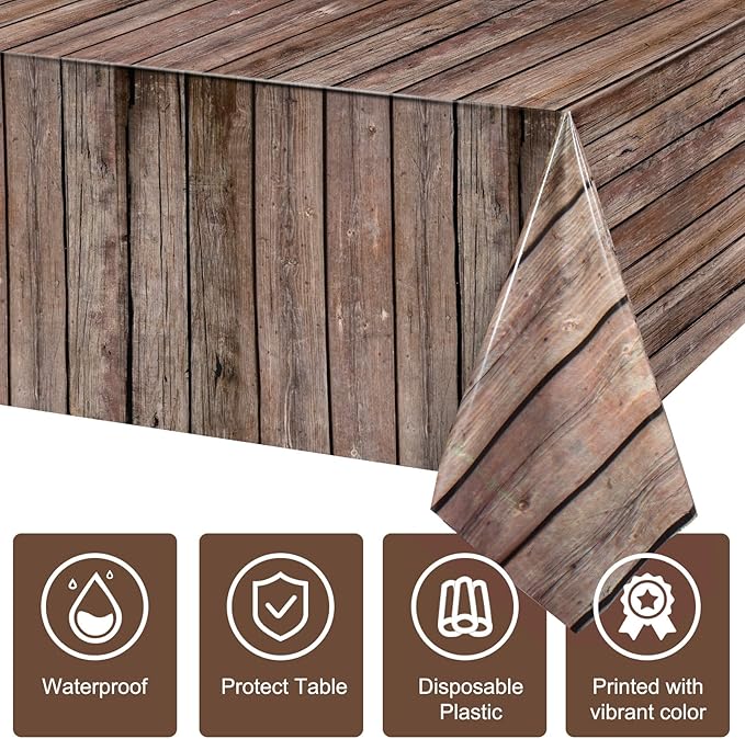 Tiamon 3 Pcs Western Party Tablecloth Western Cowboy Party Table Cover Cowboy Theme Plastic Tablecloth Wild West Wood Grain Table Cover for Birthday Baby Shower Decor (54 x 108 Inch)