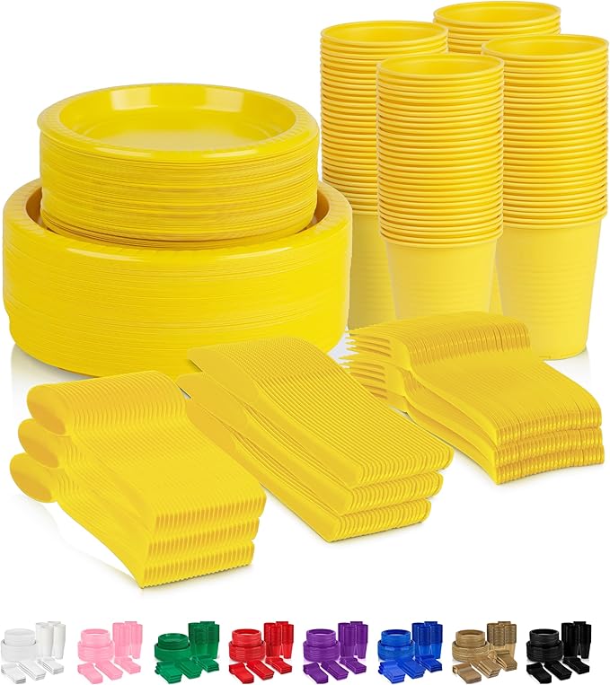 Grandipity 720 Piece Yellow Disposable Dinnerware Set, Plastic Dinnerware Set Includes 120 Count 9' Dinner Plates, 7' Dessert Plates, 12oz Cups, Forks, Knives & Spoons