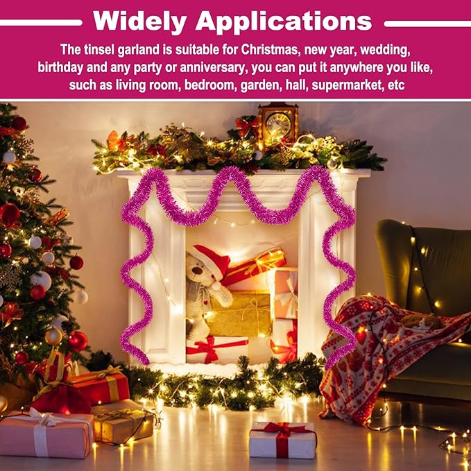 25 Feet Christmas Tinsel Garland, Metallic Twist Garland Wall Hanging Tinsel Garland Backdrop for Parade Floats, Carnival, Birthday, Wedding, New Year Party Decorations (Fuchsia, 4in x 25ft)