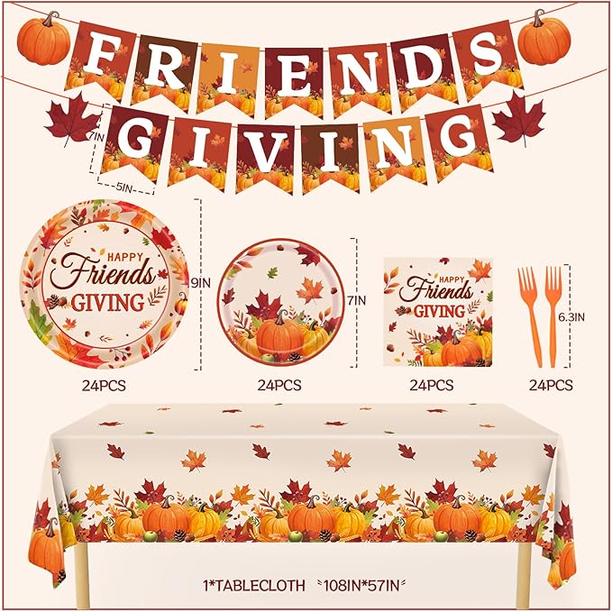 REDWORD Friendsgiving Plates, 98Pcs Friendsgiving Paper Plates-Serve 24 with Friends Giving Banner Fall Pumpkin Tablecloth Napkins for Fall Thanksgiving Friends giving Party Decorations
