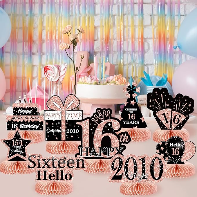9Pcs Rose Gold Sweet 16 Birthday Decorations Honeycomb Centerpieces for Girls,Pink Happy 16th Birthday Centerpieces Tables Toppers Party Decorations Supplies 16th Table Sign Decor
