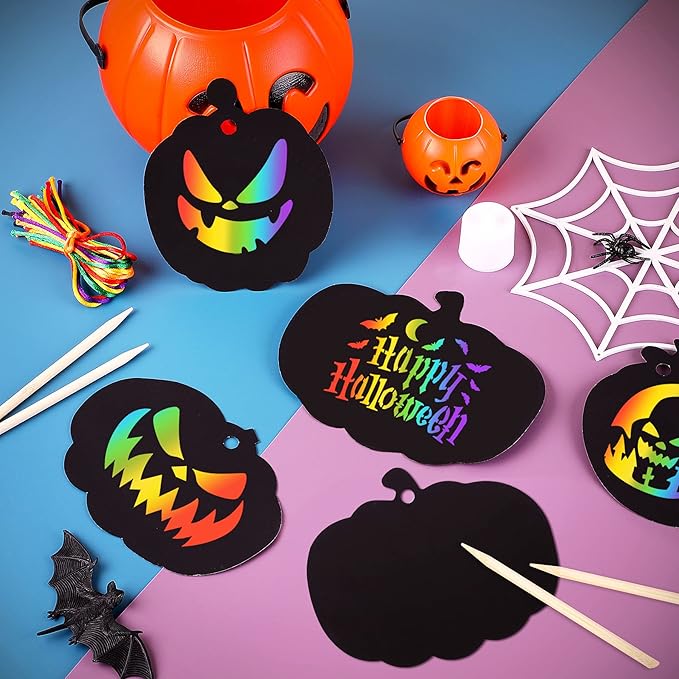 JULMELON 36 Pieces Halloween Scratch Paper Crafts Kit Bulk of Halloween Pumpkins Magic Rainbow Scratch Art for Kids DIY Party Ornaments Halloween Decor with 12 Wooden Sticks and 36 Colorful Ribbons