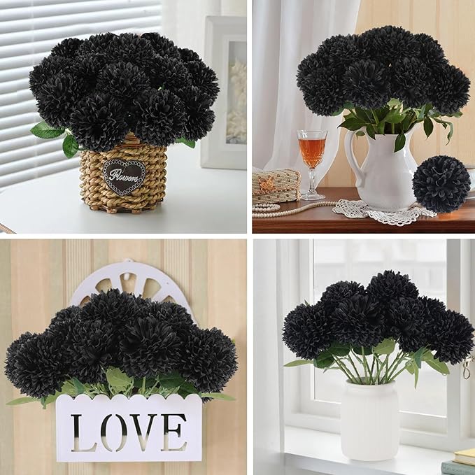 Hananona 12 Pcs Artificial Chrysanthemums Flowers Ball Flower, Fake Mums Flowers Black Silk Plants for Ghothic Home Decor Indoor Floral Arrangement Halloween Table Centerpiece (12, Black)