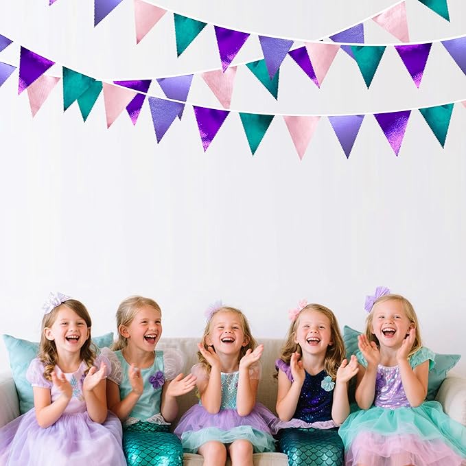 Mermaid Party Decorations Purple Pink and Teal Aqua Metallic Fabric Triangle Pennant Banner Flag Bunting Garland for Mermaid Under the Sea Birthday Wedding Baby Shower Engagement Party Supplies
