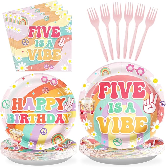 96Pcs Five is a Vibe Birthday Party Decorations Boho Groovy 5th Birthday Plates and Napkins Tableware Sets Rainbow Arch Retro Hippie Party Supplies for Girls 5 Years Old Party Serves 24