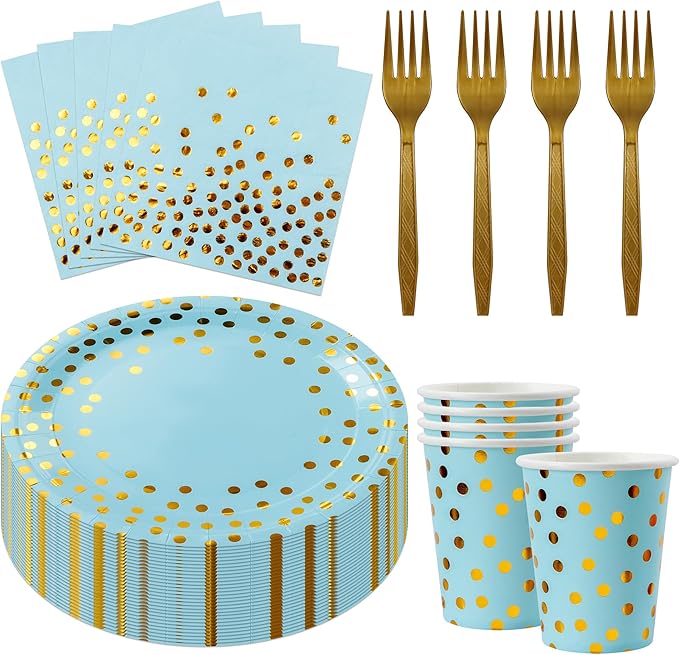 Sveikie160 Pcs blue And Gold Paper Plates, Birthday Cake Party Plates And Napkins, Wedding Disposable Utensils For Birthday Graduation Wedding And Holiday Celebrations Serves 40 (blue)