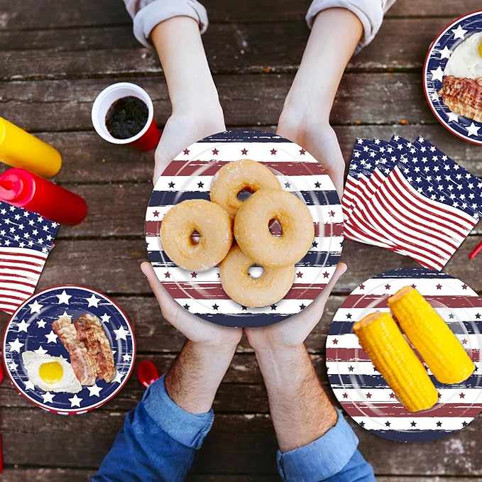 OuMuaMua 150 Pcs American Flag Patriotic Party Plates and Napkins, Blue Red Disposable Tableware Paper Set for Veterans Day Election Day 4th of July Independence Day Decorations, Serves 50