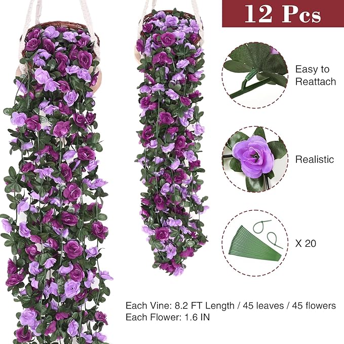 BLEUM CADE 12Pcs 98.4Ft Flower Garland Artificial Rose Vines for Bedroom, Cute Fake Hanging Flower Vines Floral Garland Decorations for Wedding Party Wall Room Decor Aesthetic