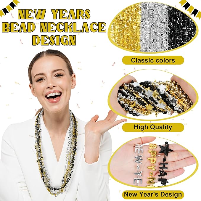 24PCS New Years Necklace Decorations, Bead Necklaces Party Supplies 2026, HAPPY NEW YEAR Star Necklaces Bulk Accessories, Black Gold Silver Bead Necklace 2026 Decorations