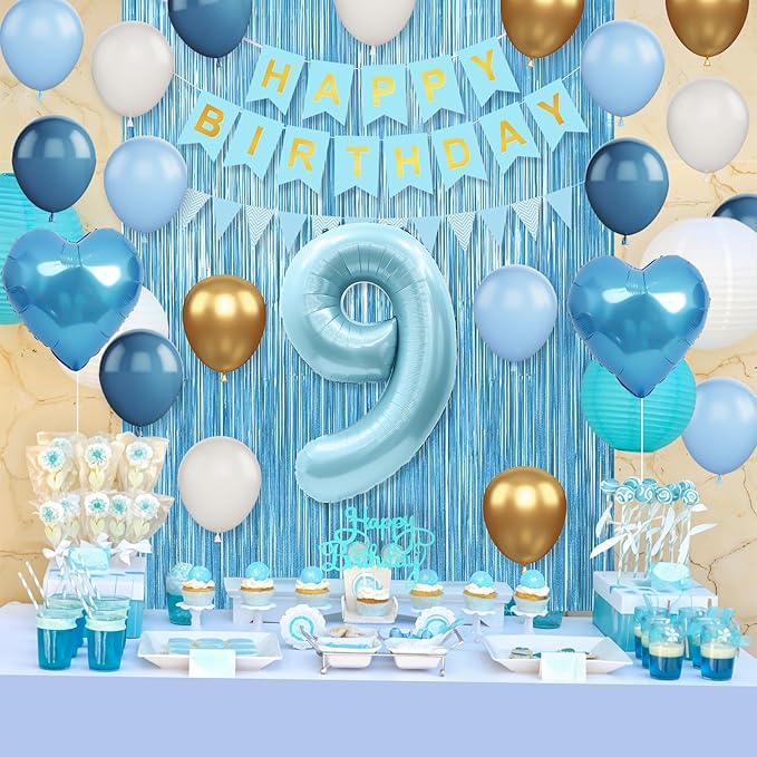 9th Birthday Decorations Blue White Gold,9th Birthday Balloons with Happy Birthday Banner Fringe Curtain Heart Foil Balloons for Boys Girls 9 Year Old Birthday Decor