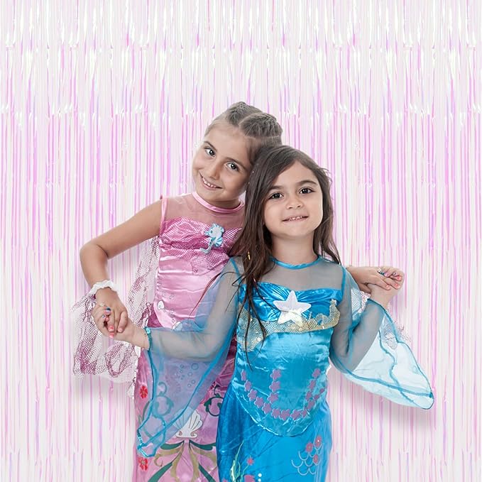 2 Pack Iridescent Tinsel Foil Fringe Curtains, Iridescent Party Decorations, Metallic Tinsel Party Streamers Backdrop for Mermaid Birthday Baby Shower Slumber Wedding Party Decorations