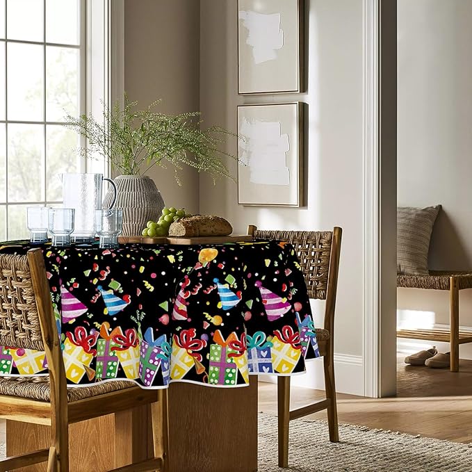 Horaldaily Birthday Tablecloth 90x90 Inch Round, Happy Birthday Ballon Black Washable Seasonal Table Cover for Party Picnic Dinner Decor