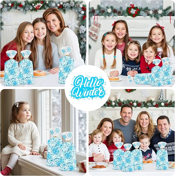 100 Pcs Winter Snowflake Treat Bags - Christmas Gift Bags, Blue White Plastic Snowflakes Cello Candy Goodie Cookie Snack Cellophane Bag with Twist Ties for Xmas Holiday Winter Wonderland Party Favors