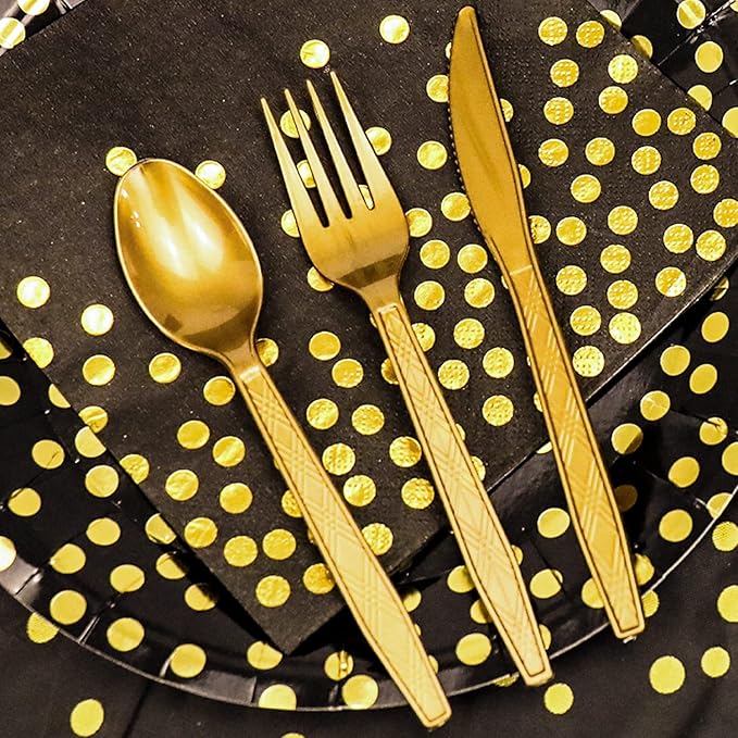 176 Pieces Gold Disposable Party Dinnerware Set &Golden Dot Disposable Party Dinnerware - Black Paper Plates Napkins Cups, Gold Plastic Forks Knives Spoons