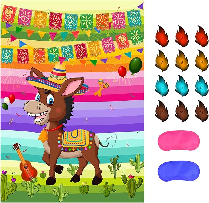 NEBURORA Pin The Tail on The Donkey Mexican Donkey Game with 24Pcs Tails Cinco De Mayo Party Mexican Party Fiesta Themed Taco Party Decorations Kids Birthday Supplies