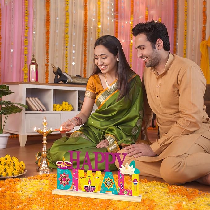 COCHIE Metal Happy Diwali Sign, Indian Festival of Light Table Centerpieces Decorations for Home, Office, Shelf, Mantel, Indoor, Traditional Party Supplies Decor (Diwali)