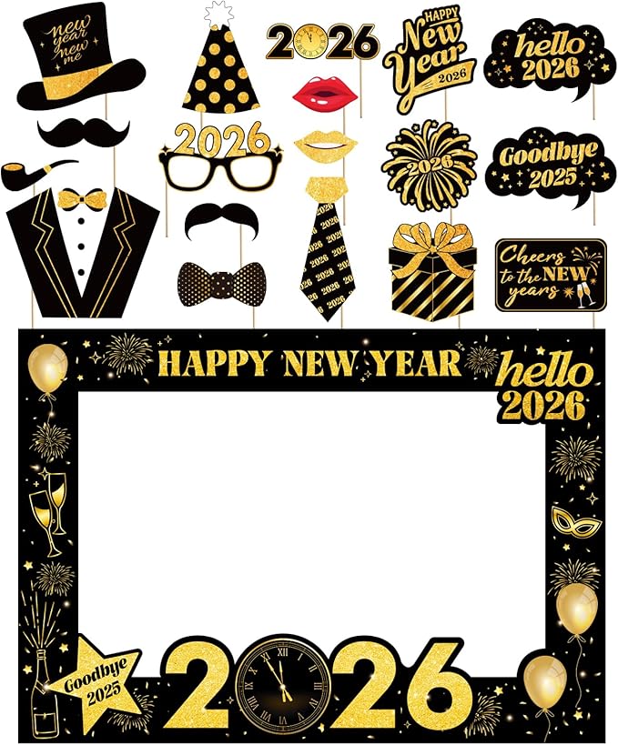 New Years Eve Party Supplies 2026 - Deluxe NYE Photo Booth Props Kit with Giant Glitter Photo Frame, 2026 Glasses (Pack of 20)