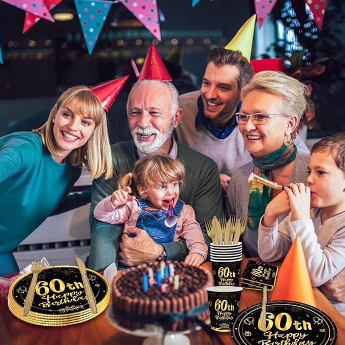 144PCS 60th Birthday Plates and Napkins Birthday Party Supplies 60th Birthday Party Decorations for Men Women Disposable Party Tableware Including Paper Plates Napkins Cups Forks Serve 24