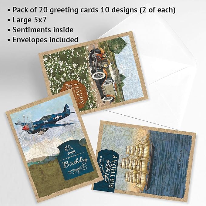 Current Vintage Travel Birthday Greeting Cards Value Pack - Set of 20, 10 Unique Designs, Large 5 x 7 Inch Cards, Sentiments Inside, Envelopes Included