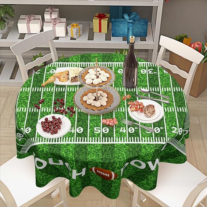 Football Round Tablecloth 70 Inch Rugby Football Pattern Circle Table Cloth Green Table Cover Washable Polyester Indoor Decorations for Home Kitchen Dinning Party