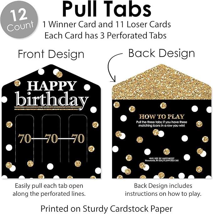 Big Dot of Happiness Adult 70th Birthday - Gold - Birthday Party Game Pickle Cards - Pull Tabs 3-in-a-Row - Set of 12