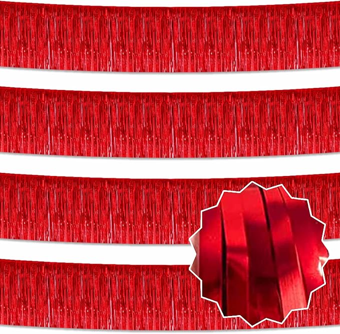4 Pack 10 Ft Red Foil Fringe Garland Metallic Streamers Tinsel Banner Wall Hanging Garland Backdrop for Parade Floats, Halloween, Christmas, Thanksgiving, New Year Party Decorations