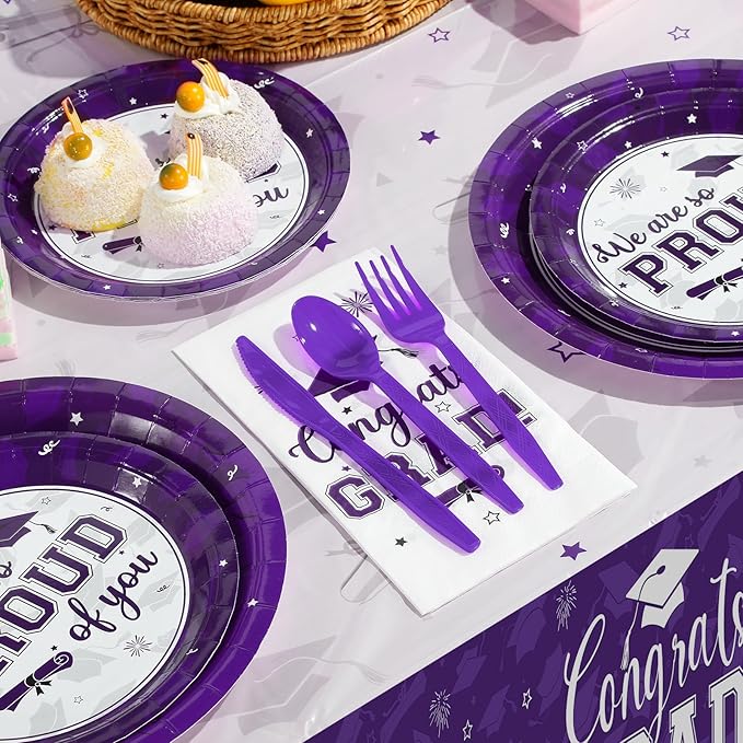 Graduation Party Supplies Congrats Grad Plates and Napkins Set Serve 50, Disposable Tableware Paper Plates Napkins Cup Knive Spoon Fork Straw for Class of 2026 Graduation Party Decorations Purple