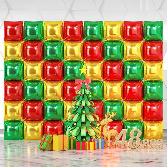 NISOCY 48PCS Red Green Gold Square Foil Balloons Wall Backdrop Double Sided Red Green Gold Balloons Arch Kit for Birthday Christmas New Year’s Graduation Anniversary Wedding Party Decorations