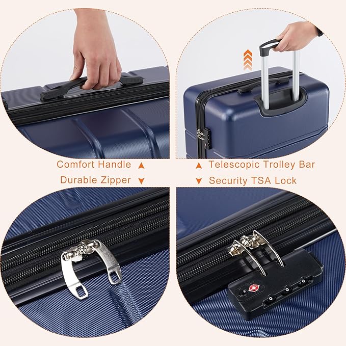 Sweetcrispy Carry on Suitcase, Luggage with Spinner Wheels, Hard Shell ABS, TSA Lock, Blue, 3-PCS Set (20/24/28 inch)