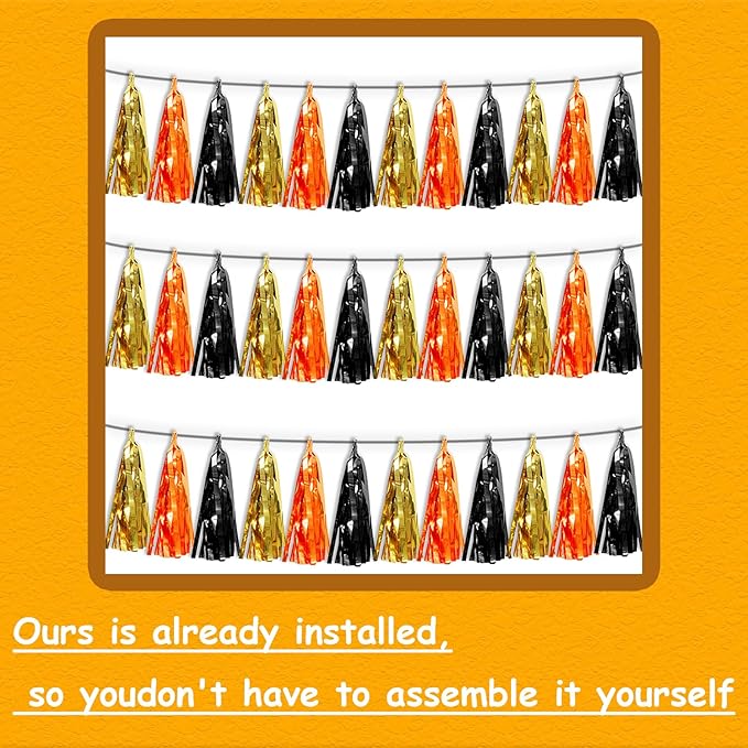 3P Orange Gold Black Metallic Fringe Tassel Banner Garland Foil Tinsel Streamer Wall Hanging Curtain Backdrop Banner for Parade Floats, Graduation Decorations, Halloween, Christmas Decorations