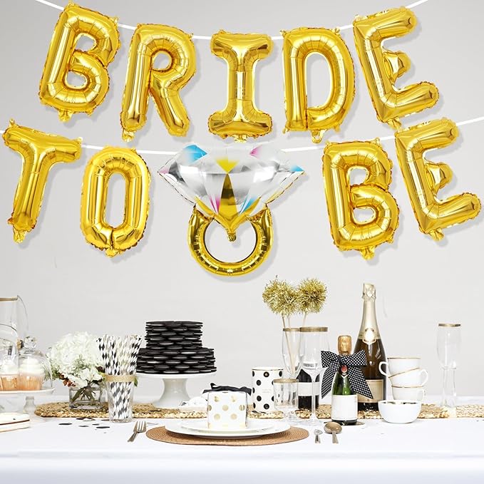 Bachelorette Party Decorations, Gold Bride To Be Bridal Shower Letter Balloons Banner with Engagement Diamond Ring Mylar Foil Balloon for Wedding Photo Booth Hen Night Room Party Decor