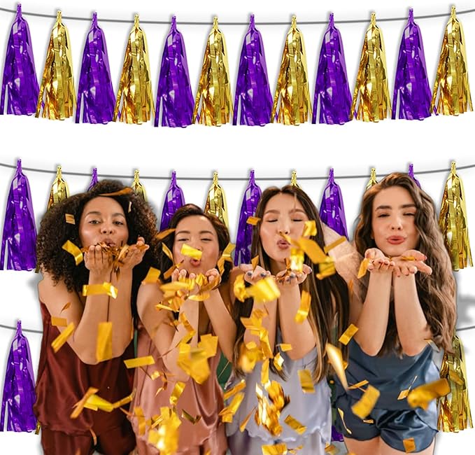 3P Purple Gold Metallic Fringe Tassel Banner Garland Foil Tinsel Streamer Wall Hanging Curtain Backdrop Banner for Parade Floats, Graduation Decorations, Halloween, Christmas Decorations
