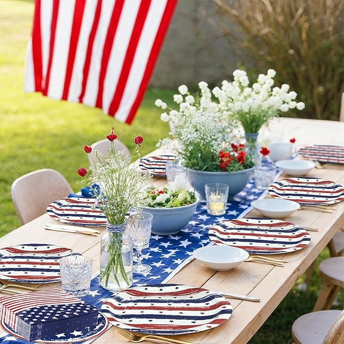 OuMuaMua 150 Pcs American Flag Patriotic Party Plates and Napkins, Blue Red Disposable Tableware Paper Set for Veterans Day Election Day 4th of July Independence Day Decorations, Serves 50