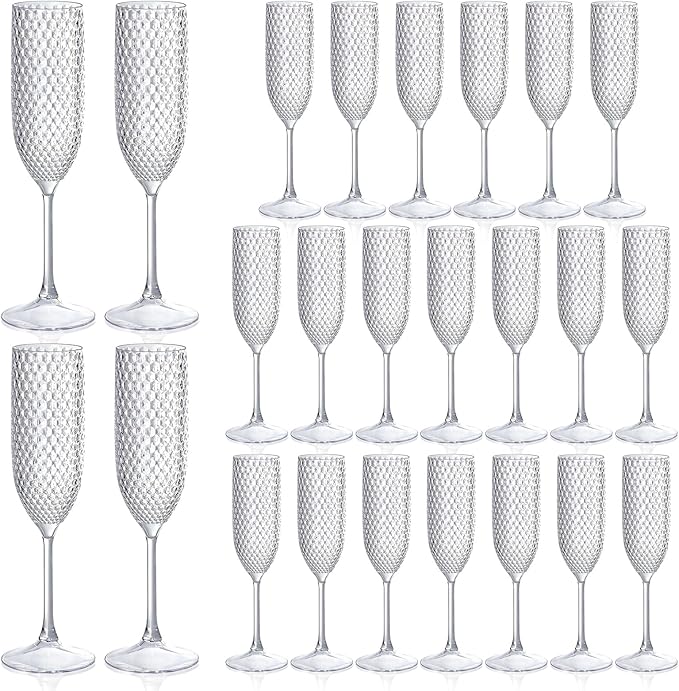 Plastic Champagne Flutes Champagne Glasses Unbreakable Wedding Toasting Glasses Reusable Diamond Wine Glasses Crystal Clear Party Wine Cups Vintage Drinking Glasses 5.5 OZ for Wedding (24, Crystal)