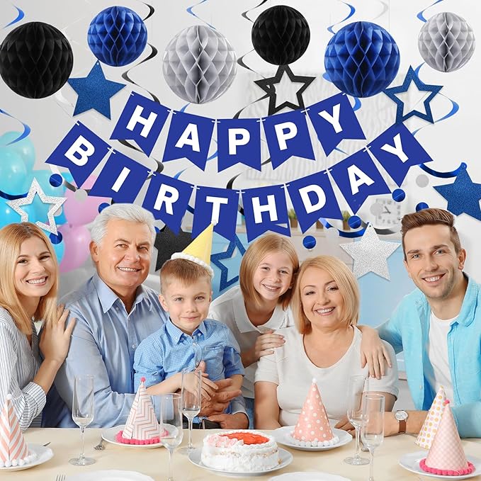 meowtastic Birthday Decorations, Happy Birthday Banner with Honeycomb Balls, Star Hanging Swirl Streamer, Circle Dot Garland, Happy Birthday Party Decorations for Women Men Boys Girls (Blue & Silver)