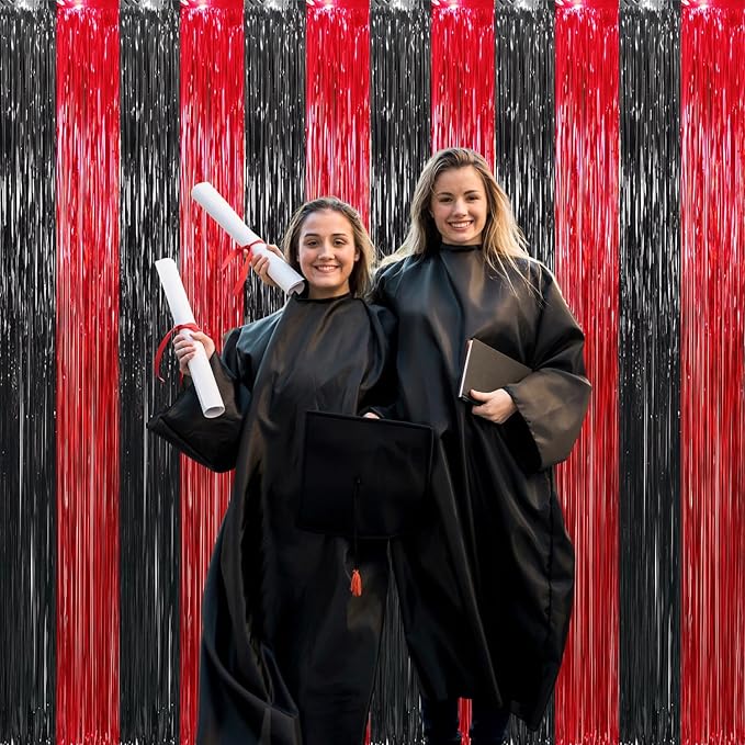 GOER 3.2 ft x8.2 ft Metallic Tinsel Foil Fringe Curtains Party Photo Backdrop Party Streamers for Birthday,Graduation,New Year Eve Decorations Wedding Decor (4 Pcs,Black&Red)